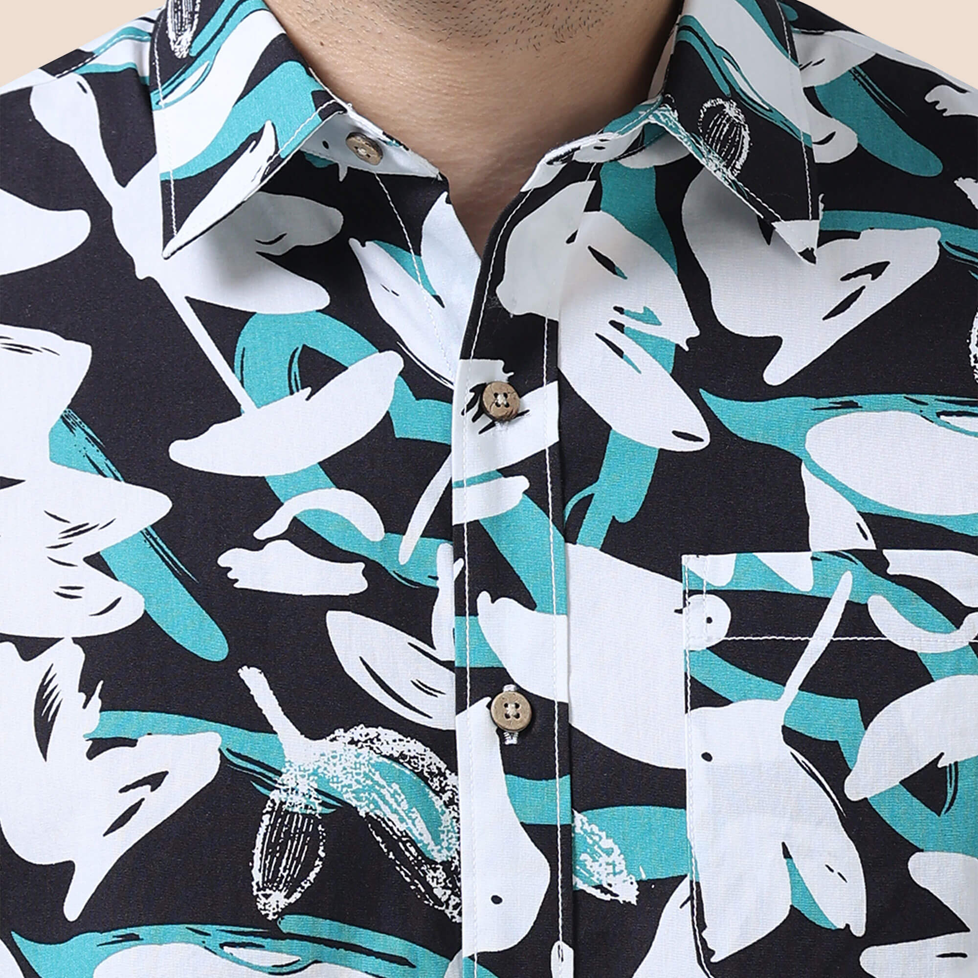 Ashley Cotton Half Sleeves Shirt In Teal / Black Abstract Print - Image 4