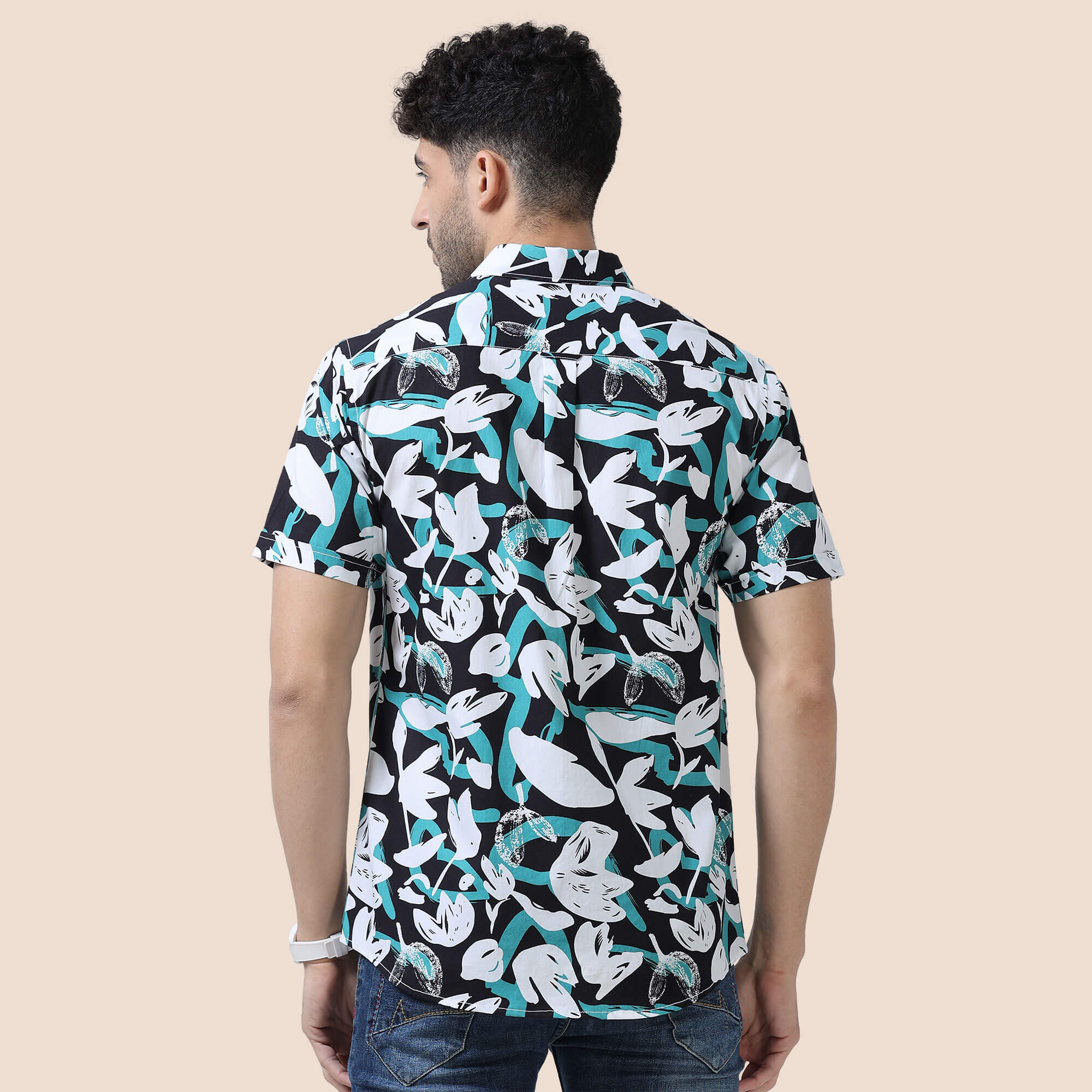 Ashley Cotton Half Sleeves Shirt In Teal / Black Abstract Print - Image 5