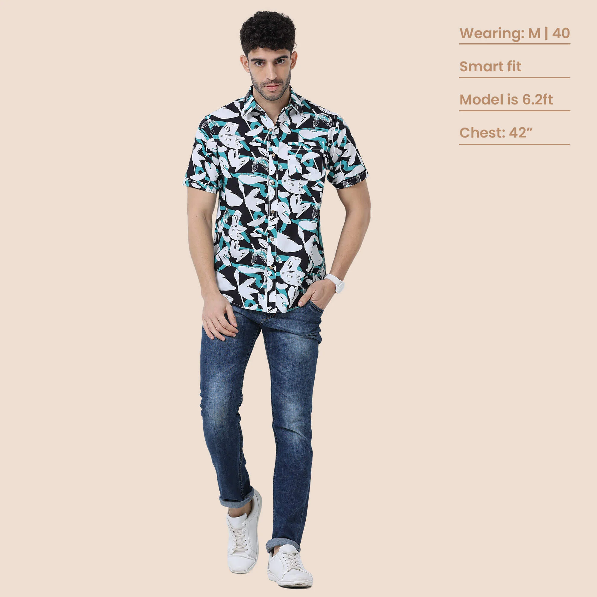 Ashley Cotton Half Sleeves Shirt In Teal / Black Abstract Print - Image 6