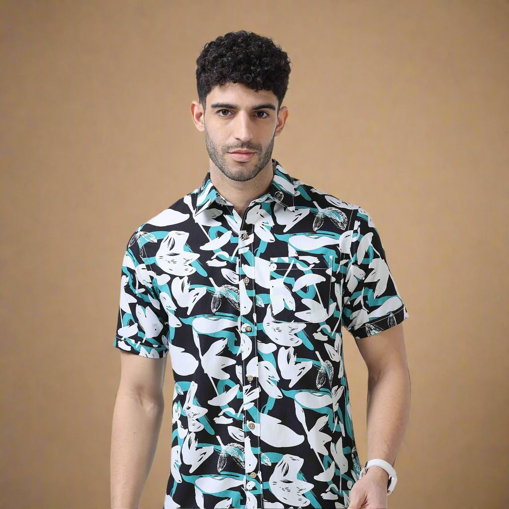 Ashley Cotton Half Sleeves Shirt In Teal / Black Abstract Print - Image 7