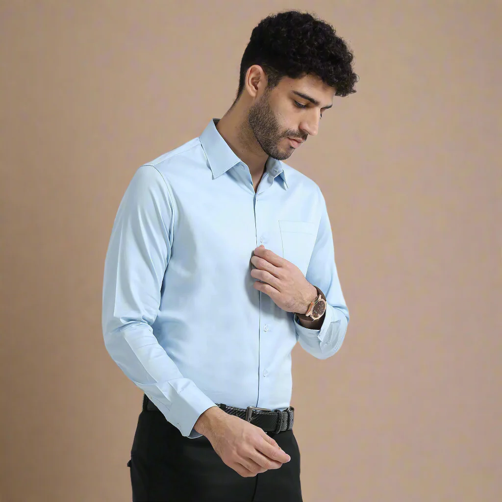 Cambridge Giza Cotton Shirt In Ice Blue - Image 6