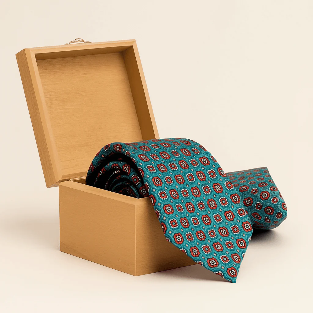 Aristo Coins Handmade Tie & Pocket Square in Teal & Wine - Image 3
