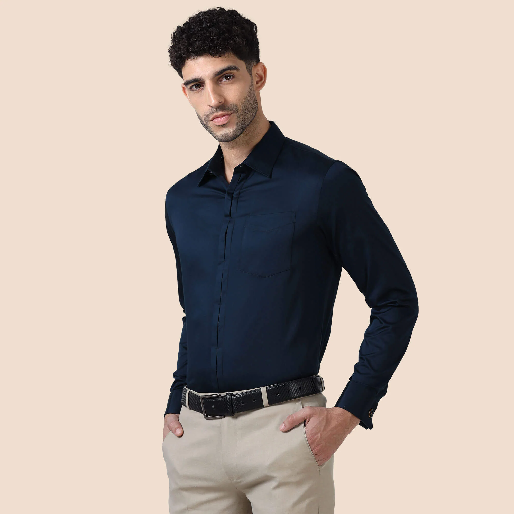 Keneth Navy Shirt with Signature Concealed Placket & French Cuff - Image 3