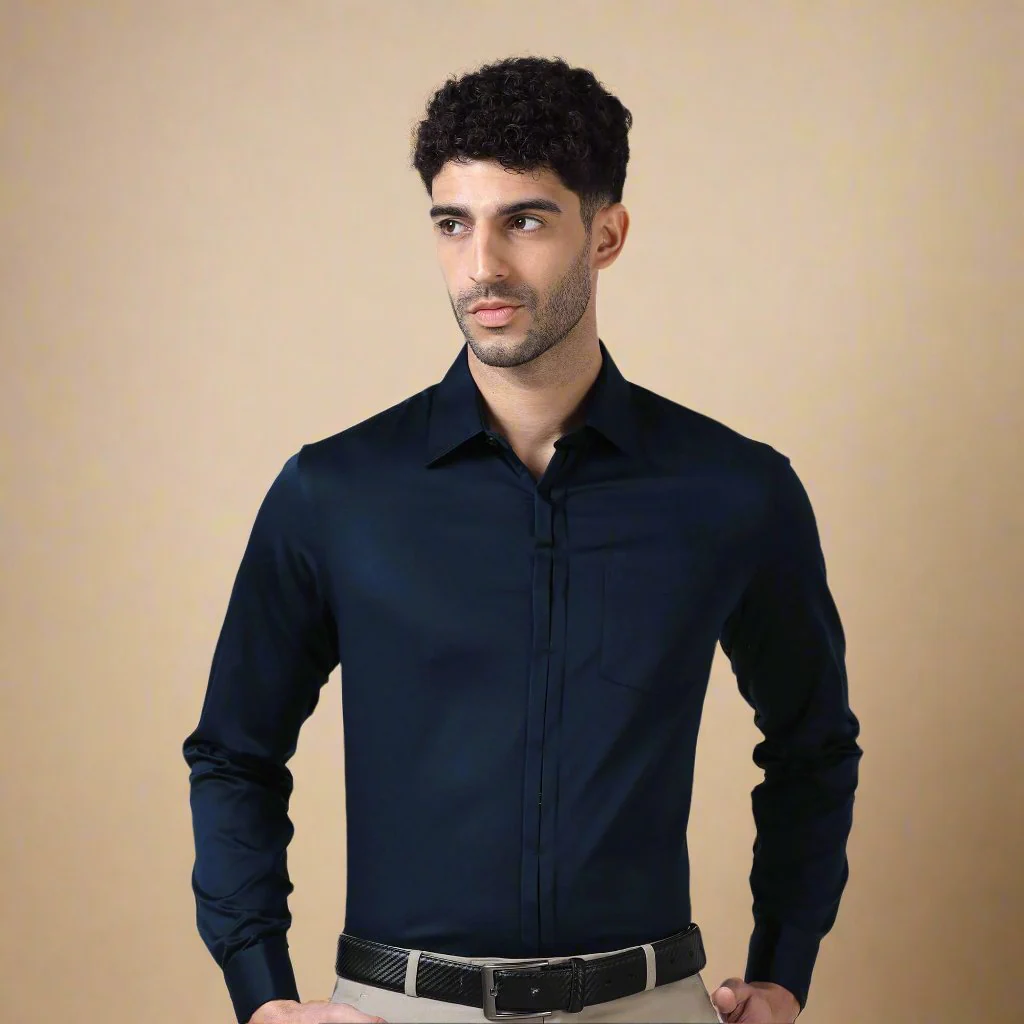 Keneth Navy Shirt with Signature Concealed Placket & French Cuff - Image 9