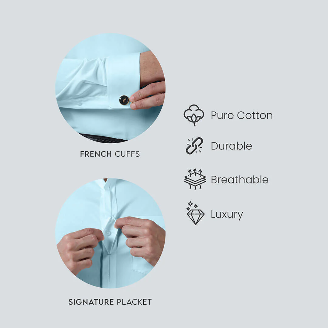 Keneth Sky Blue Shirt with Signature Concealed  Placket & French Cuff - Image 2