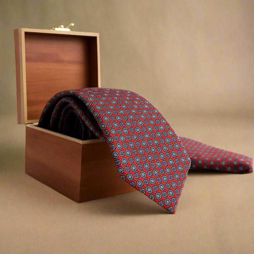 Monarch Geometric Handmade Tie & Pocket Square in Red & Blue - Image 3