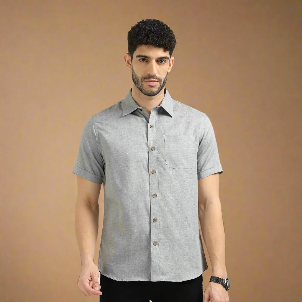 Woods Lyocell Half Sleeves Shirt In Charcoal Melange - Image 5